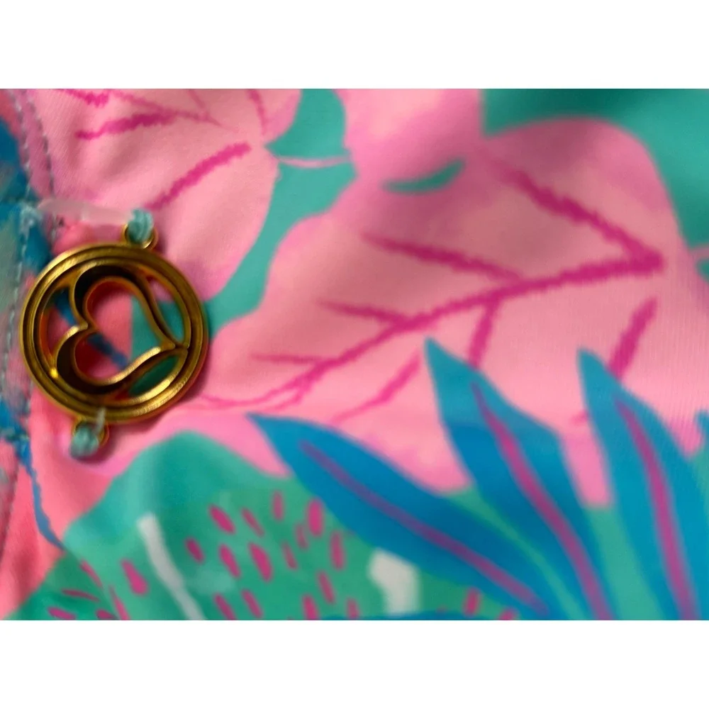 Lilly Pulitzer Tropical Leaf Print One Piece Swimsuit Ruched Pink Teal Blue